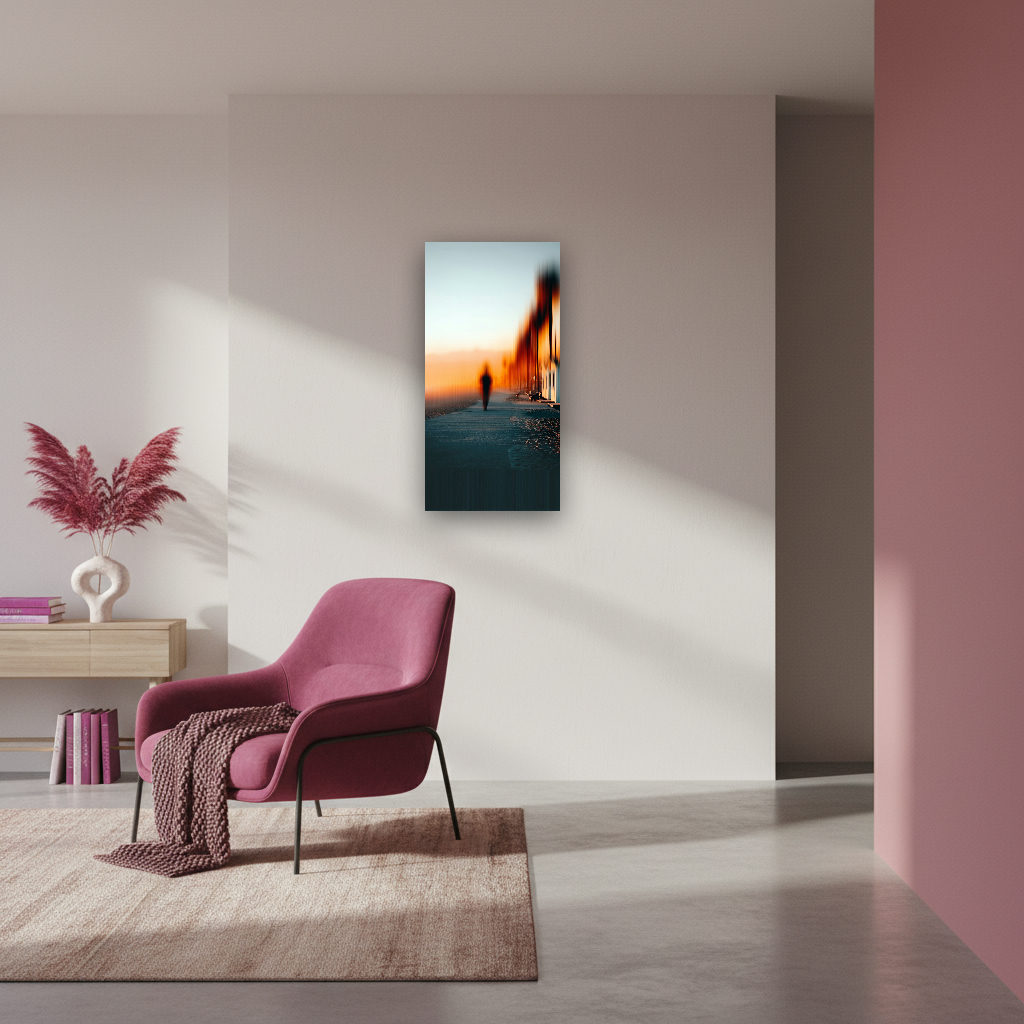 Menschenleerer Strandboulevard im warmen Licht eines Sonnenuntergangs, zarte Orangetöne, minimalistisch und modern gestaltet