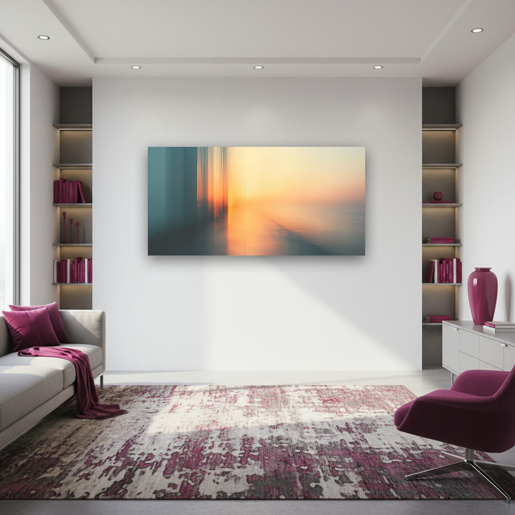 Abstraktes Wandbild zeigt eine stilisierte Küstenlinie im Sonnenuntergang mit vielfältigen Farben im Panorama-Format.