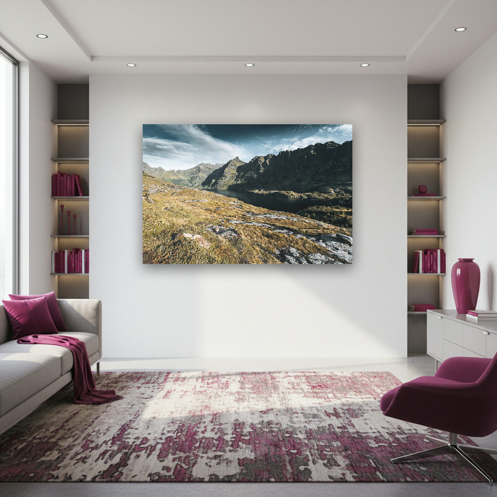 Panoramaaufnahme des Sørvågen Bergsees auf den Lofoten, ruhiges Wasser, umgeben von Bergen, vielfältige Farben, klare nordische Landschaft.