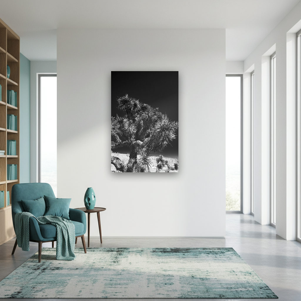 Schwarz-weißes Wandbild mit markantem Joshua Tree, dessen Äste sich kontrastreich vor einem weiten Himmel abheben.