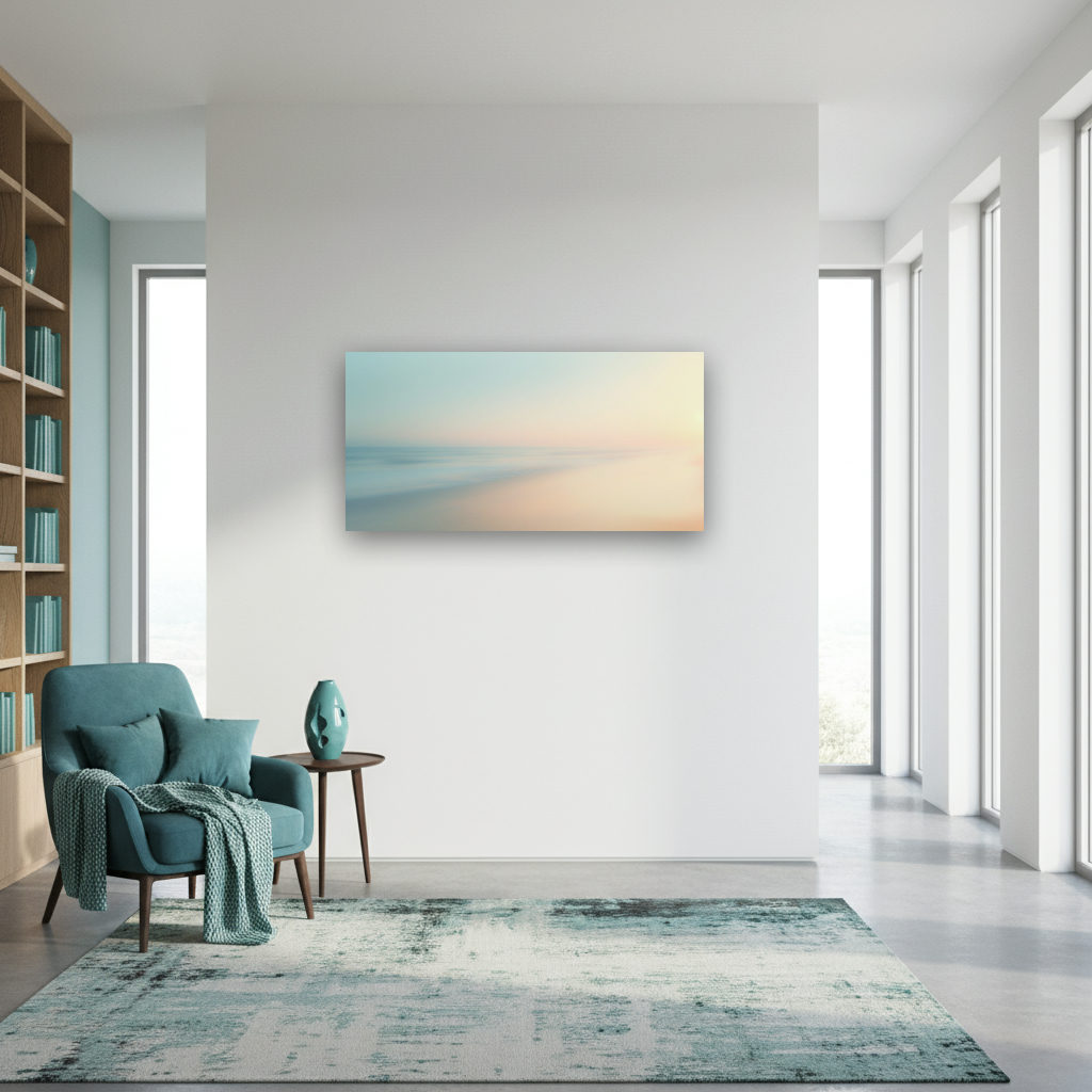 Zarter Sonnenaufgang über ruhigem Ozean mit feinem Sandstrand und weichem, farbenfrohem Himmel im Panorama-Format.