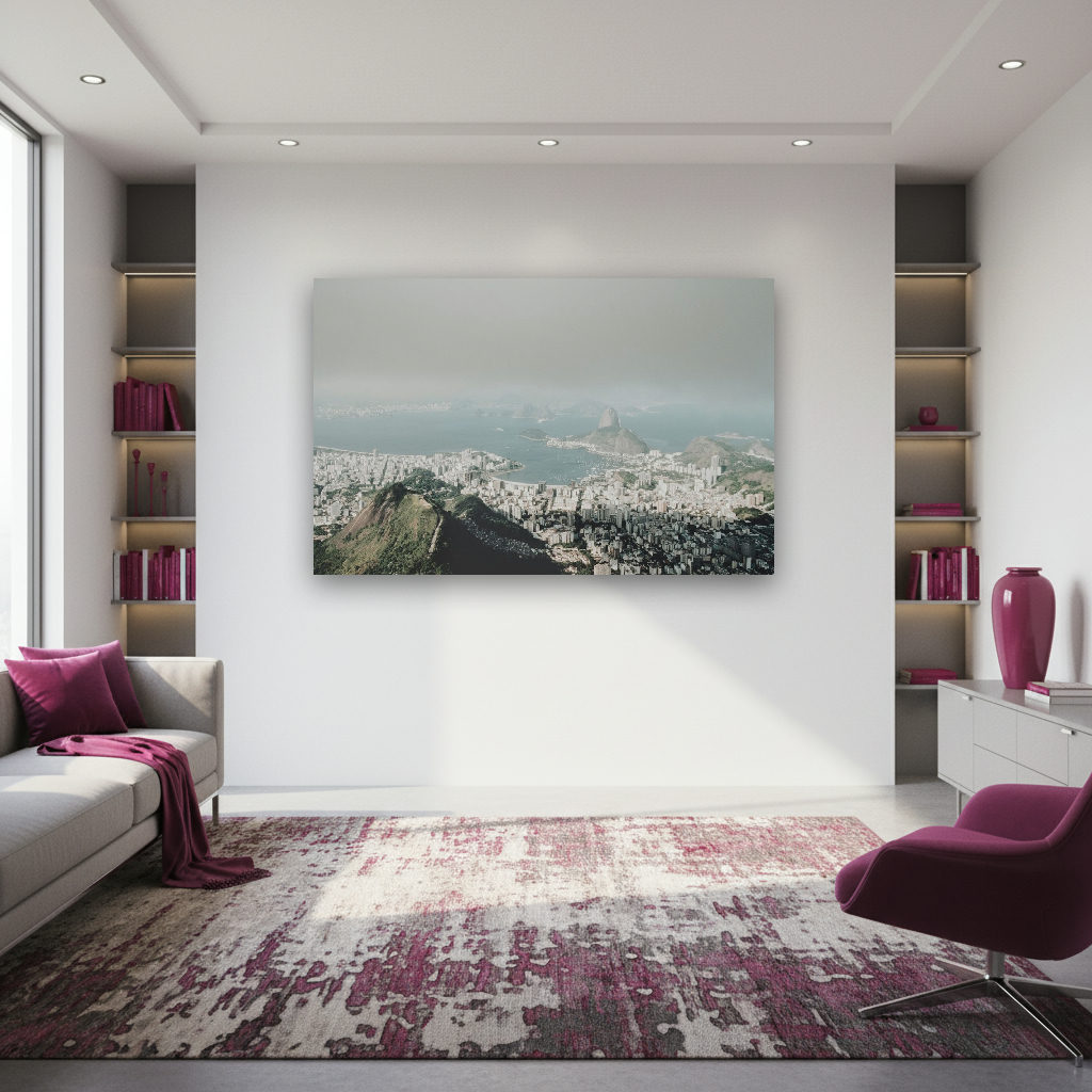 Schwarzweiß-Panorama von Rio de Janeiro mit Blick auf Stadt, Berge und Küste, ruhig und weitläufig komponiert, urbanes Motiv für große Wandbilder
