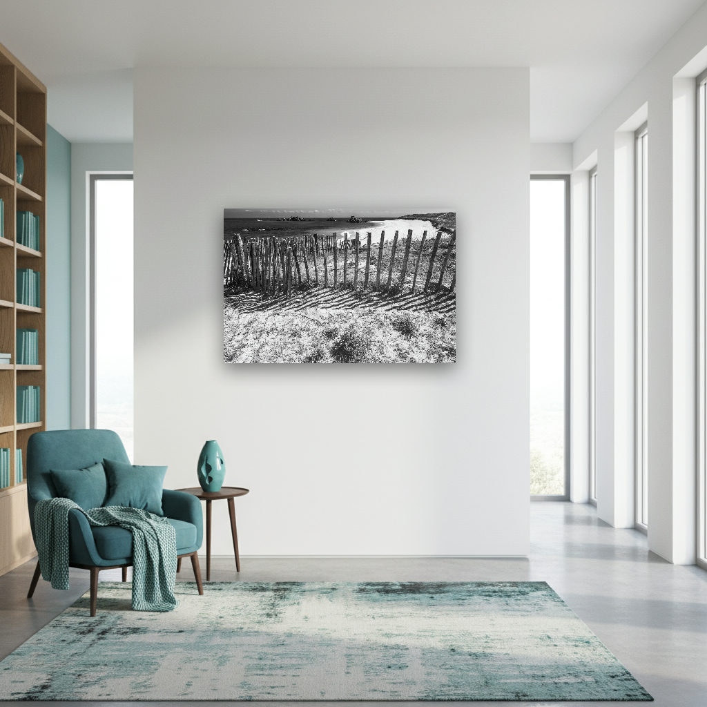 Schwarzweiß-Fotografie eines alten Holzzauns in den Dünen, Atlantikküste der Bretagne im Hintergrund, ruhige maritime Stimmung