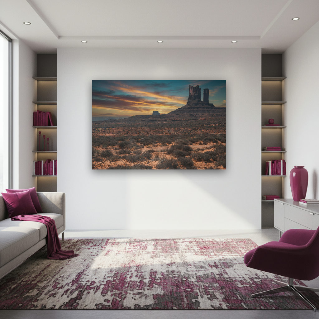 Monument Valley im Sonnenuntergang mit markanten Felsen, vielfältigen Farben und weitem Himmel, eingefangen in ruhiger, dramatischer Stimmung.
