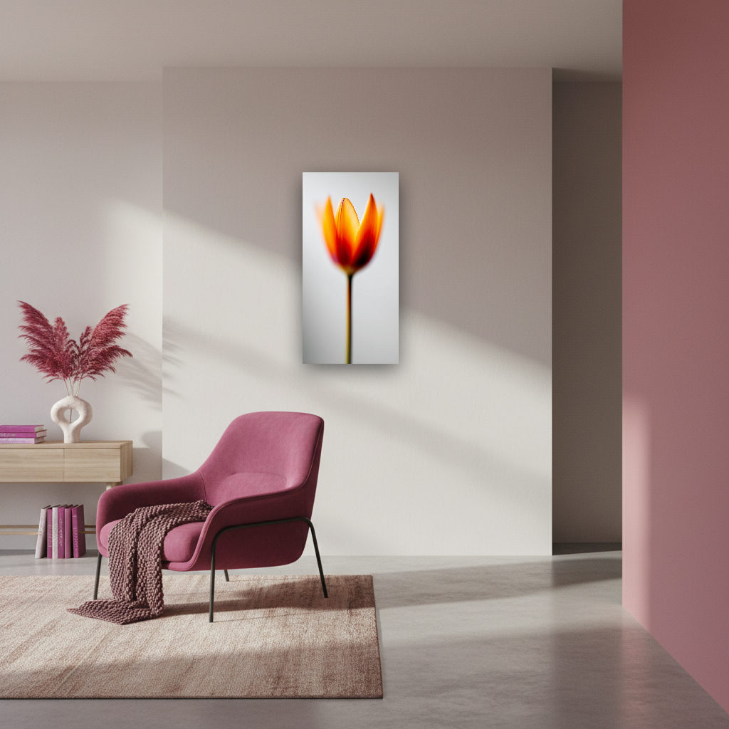 Eine einzelne, farbenfrohe Tulpenblüte im Fokus, minimalistisch und modern fotografiert vor unscharfem Hintergrund.
