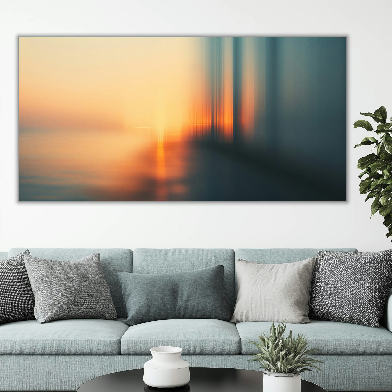 Abstraktes Sonnenuntergangs-Wandbild am Wasser – Moderne Fotokunst für Ihr Wohnzimmer
