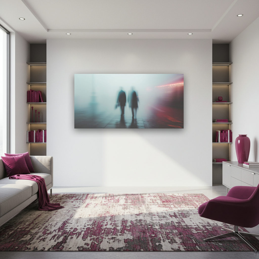 Mehrere Menschen als Silhouetten gehen durch neblige, urbane Szenerie; minimalistisches, atmosphärisches Panorama mit vielfältigen Farben.