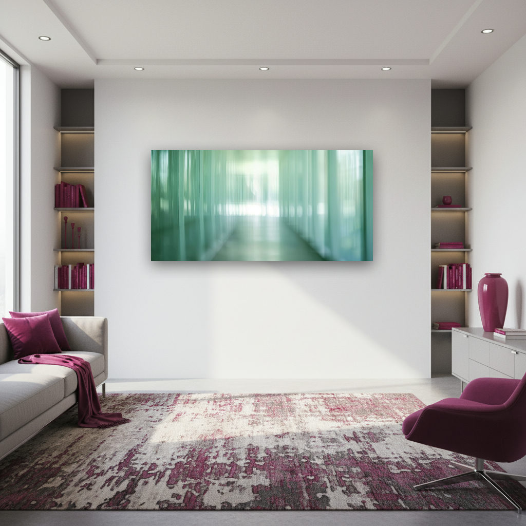 Moderne Glasarchitektur in sanften Grüntönen – Urbanes Wandbild für stilvolle Räume