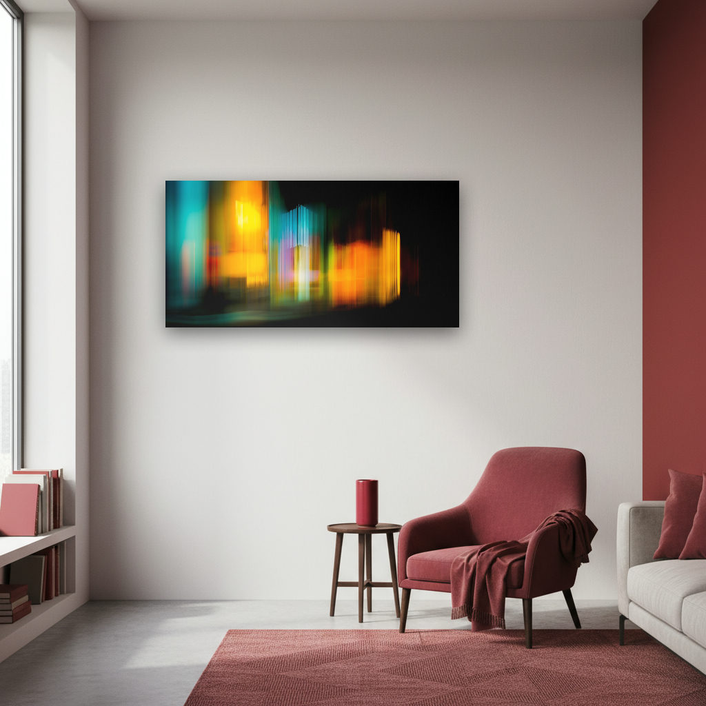 Abstraktes Panorama mit sanft flirrenden, bunten Lichtern auf dunklem Hintergrund, modern und minimalistisch inszeniert