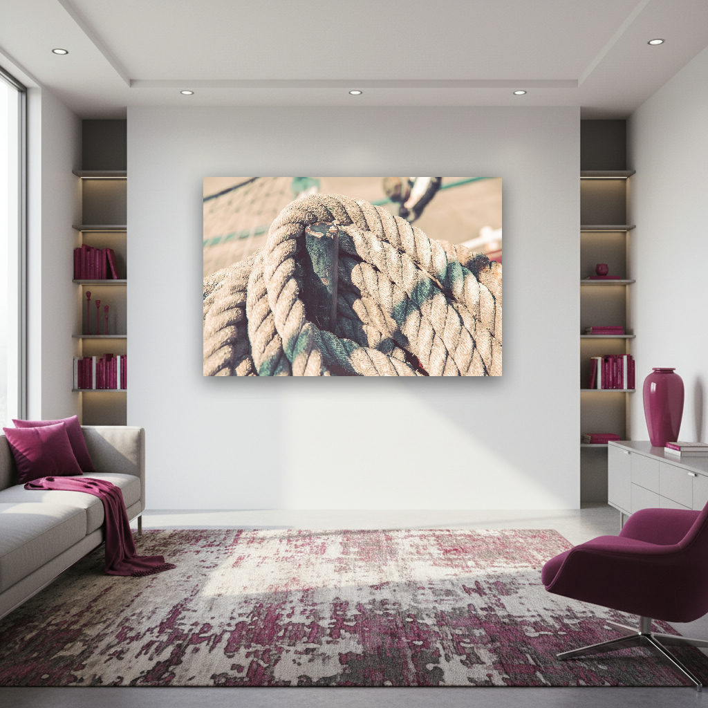Detailreiche Nahaufnahme von maritimem, altem Tauwerk in Vintage-Optik, kunstvoll arrangiert mit sichtbaren Fasern und vielfältigen Farben.
