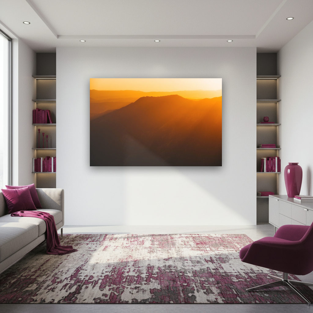 Minimalistisches Wandbild zeigt einen warmen Sonnenuntergang hinter ruhigen Bergsilhouetten, sanfte Farbübergänge am Himmel, stimmungsvolle Natur.