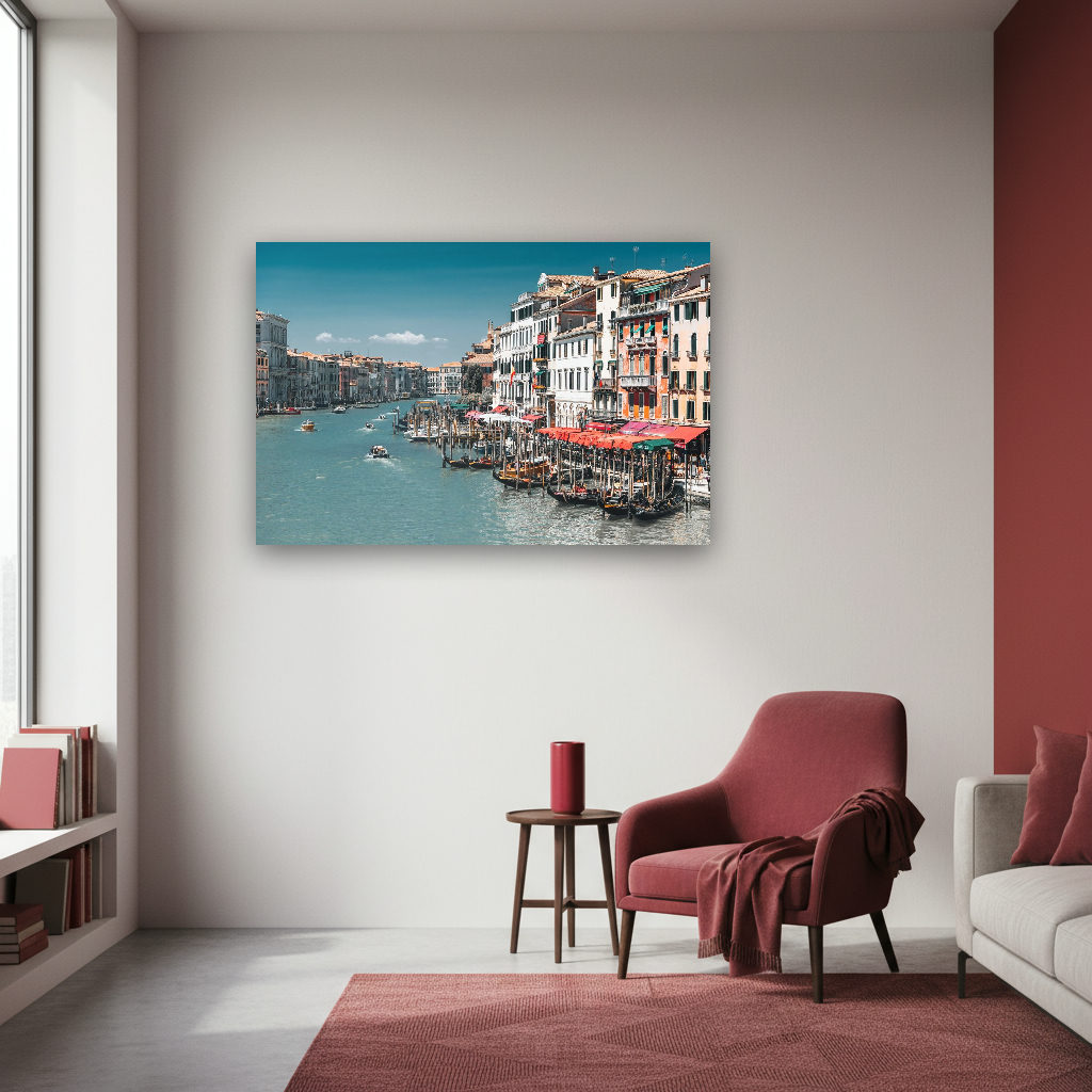 Der Canal Grande in Venedig im sanften Sonnenlicht, kunstvolle Fassaden spiegeln sich im Wasser, urbanes, lebendiges Stadtbild.
