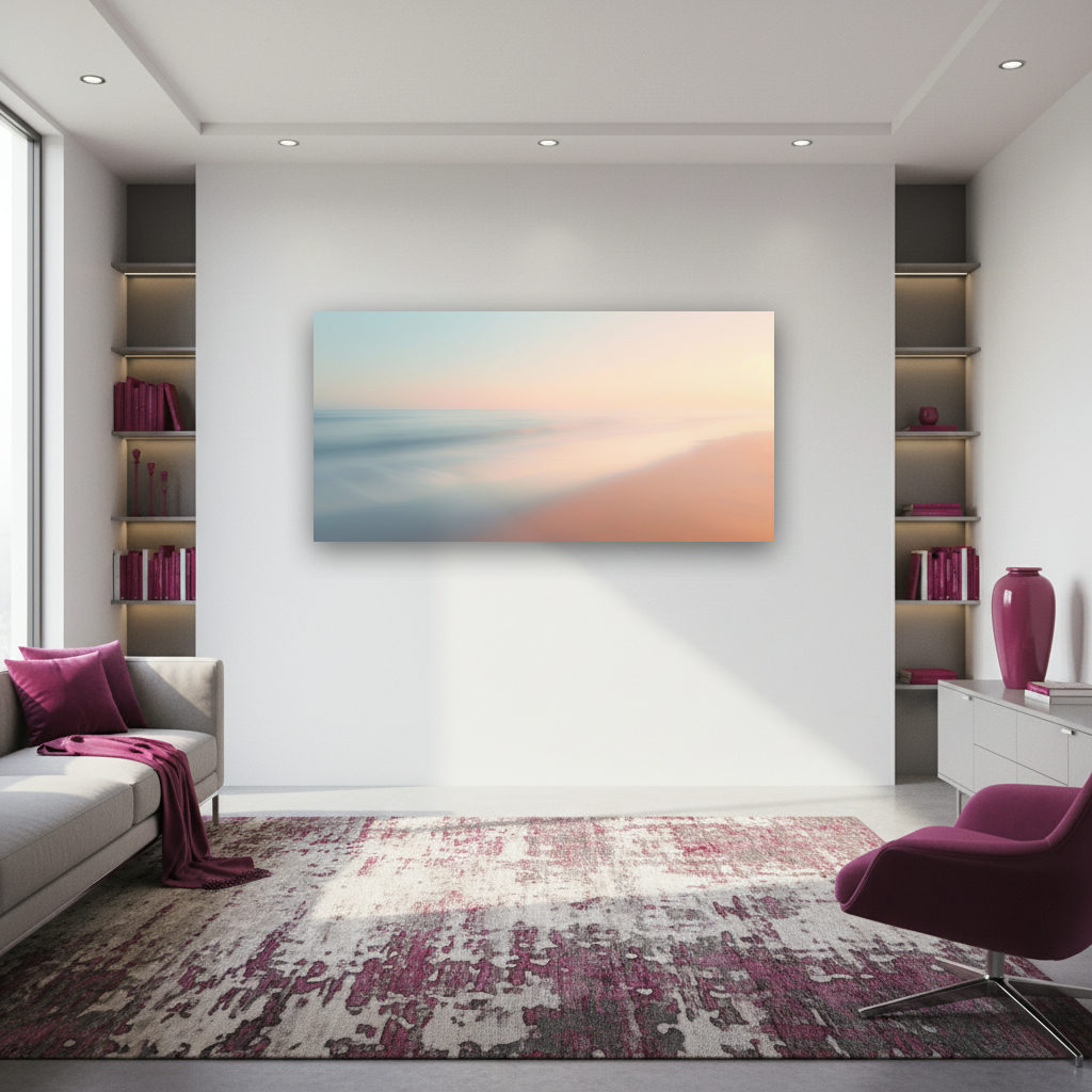 Panoramaaufnahme einer ruhigen Küstenlinie im sanften Morgenlicht, mit stillem Ozean, feinem Sandstrand und vielfältigen Farben in moderner, minimalistischer Bildsprache.