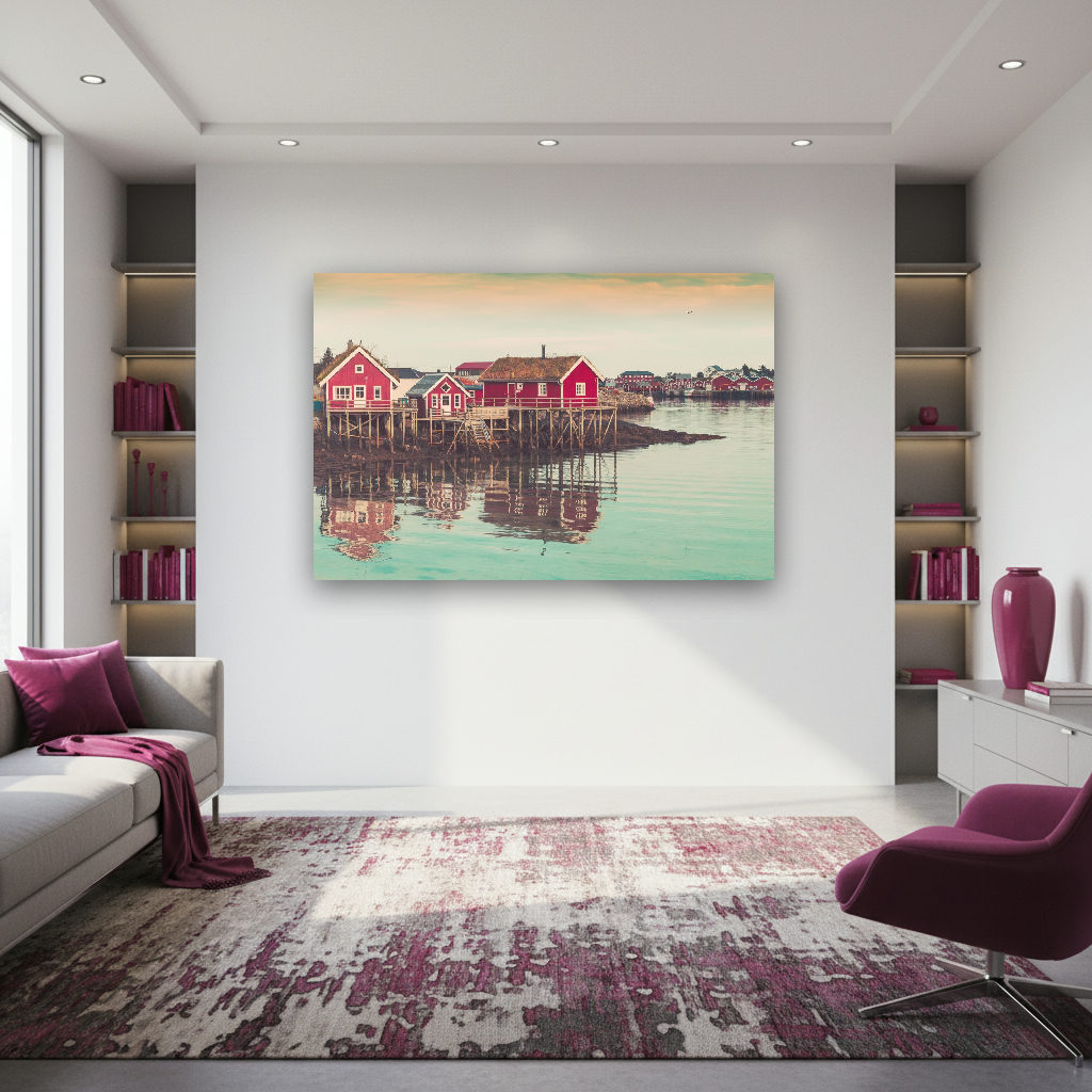 Rote Holz-Pfahlbauten am Ufer eines norwegischen Fjords spiegeln sich im ruhigen Wasser, dahinter Berge und sanftes Abendlicht