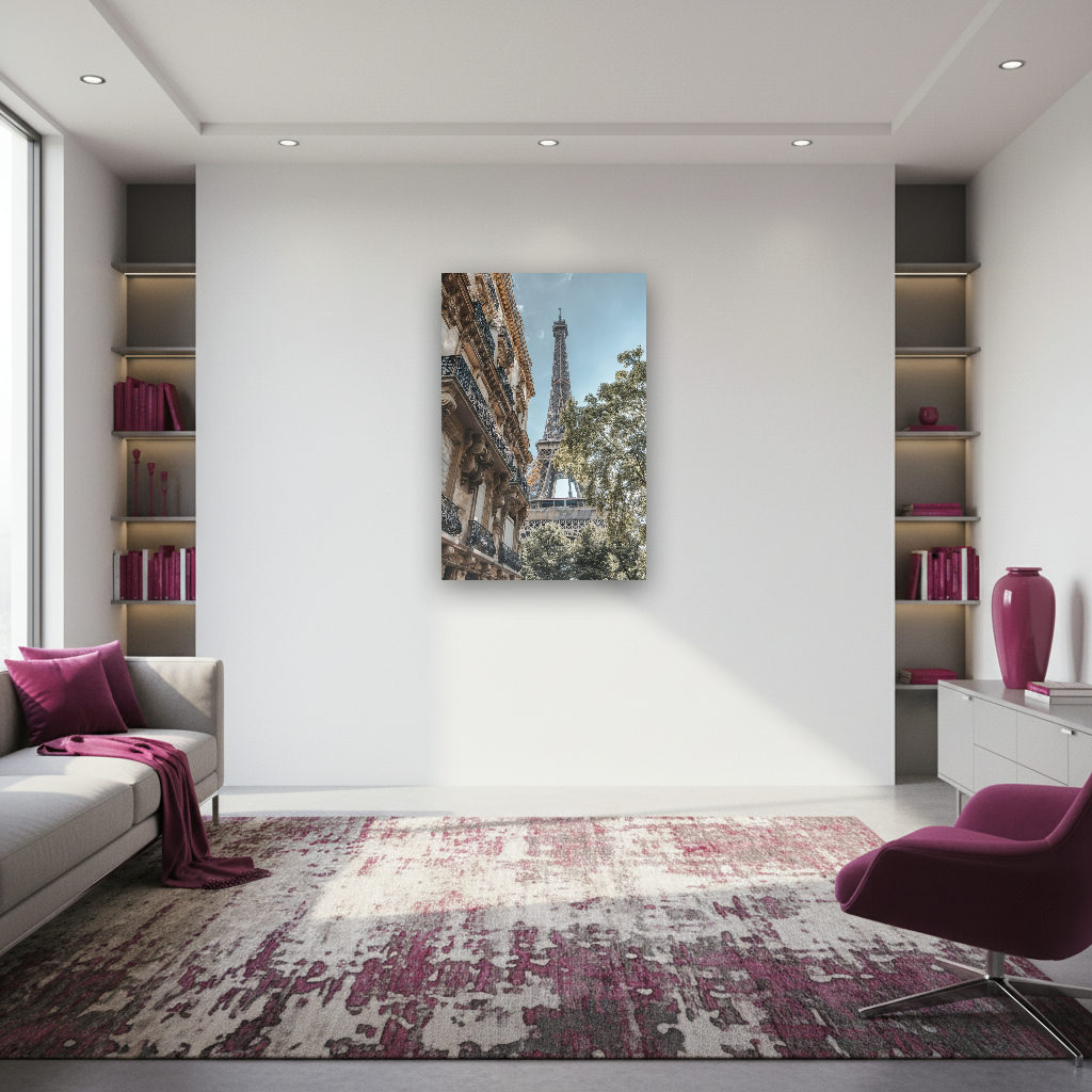 Blick auf den Eiffelturm in Paris, eingerahmt von schmiedeeisernen Balkonen und grünen Bäumen im sommerlichen Licht