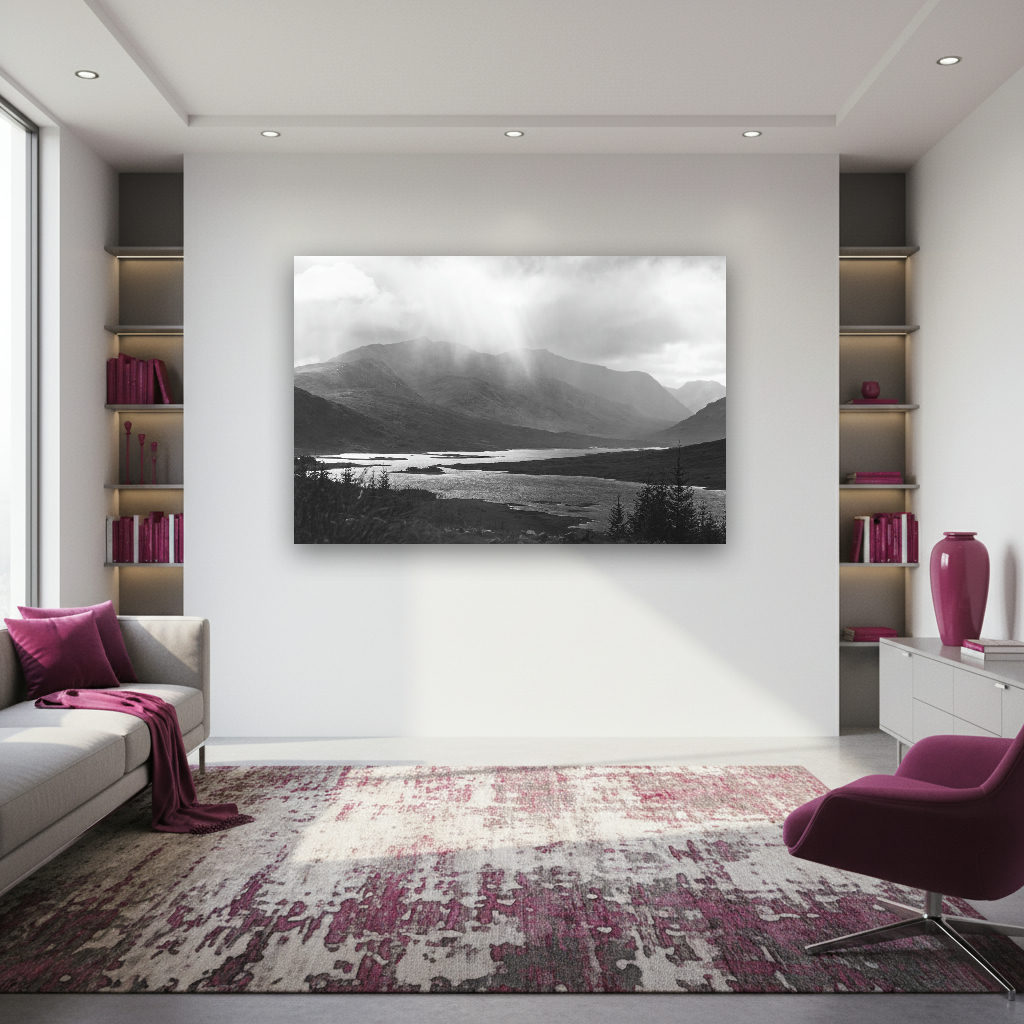 Schwarz-Weiß-Landschaft der schottischen Highlands mit See und Lichtstrahlen durch die Wolken.