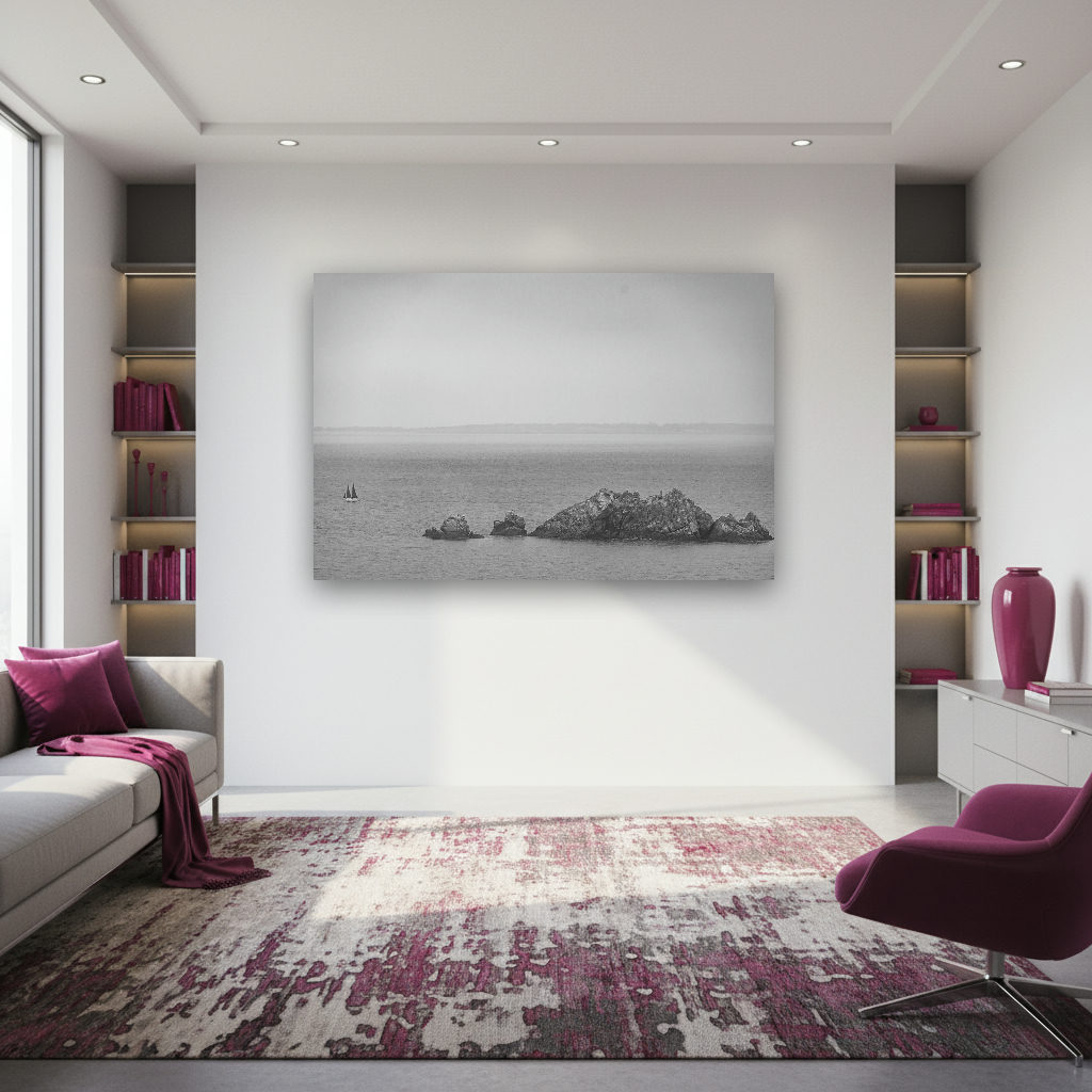 Einzelnes Segelboot segelt vor markanter Felseninsel, ruhiges Meer, vielfältige Farben, minimalistische Fotokunst in dokumentarischem Stil.