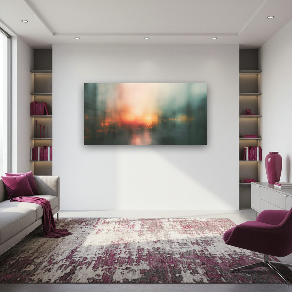 Abstraktes Panorama zeigt sanftes Lichtspiel auf ruhigem Wasser, Sonnenstrahlen und vielfältige Farben spiegeln sich im modernen Stil wider.