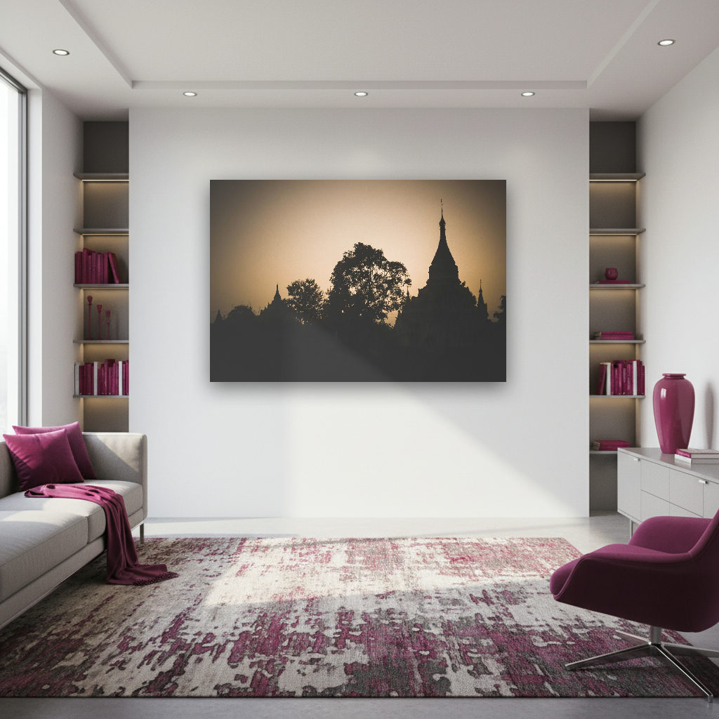 Bagan Pagoden Silhouette – Mystischer Sonnenuntergang als Wandbild