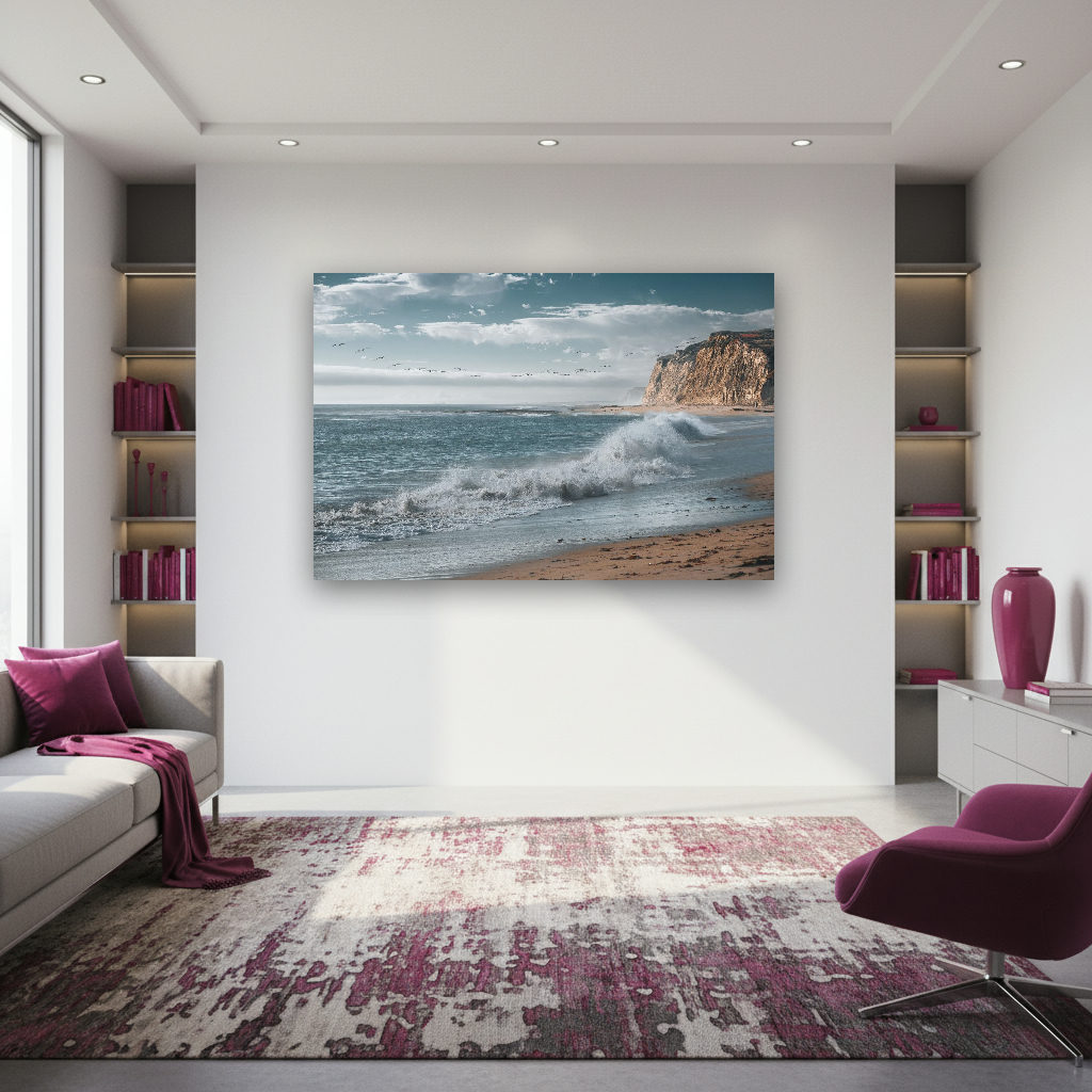 Dunkle Felsen einer dramatischen Steilküste ragen vor einem bewölkten Himmel in das tiefblaue Meer, Licht und Schatten setzen Akzente.