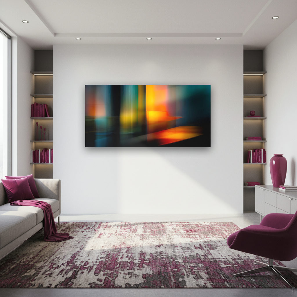 Abstraktes Panorama Wandbild mit leuchtenden, fließenden Farben in dynamischer Komposition, ideal für moderne Wohnräume.