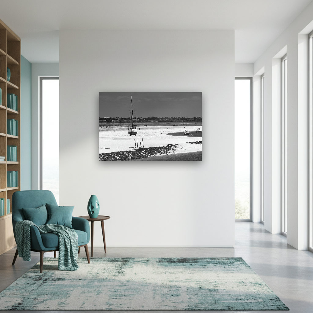 Mehrere trockenfallende Segelboote liegen bei Ebbe am sandigen Strand der französischen Atlantikküste, im Hintergrund das ruhige Meer.