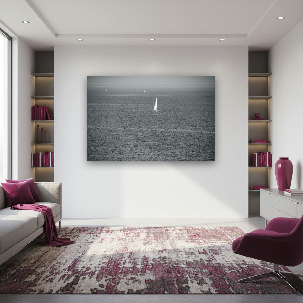 Einzelnes Segelboot gleitet ruhig über die glatte Ostsee, minimalistische Fotokunst mit sanften Farben und entspannter, maritimer Stimmung.