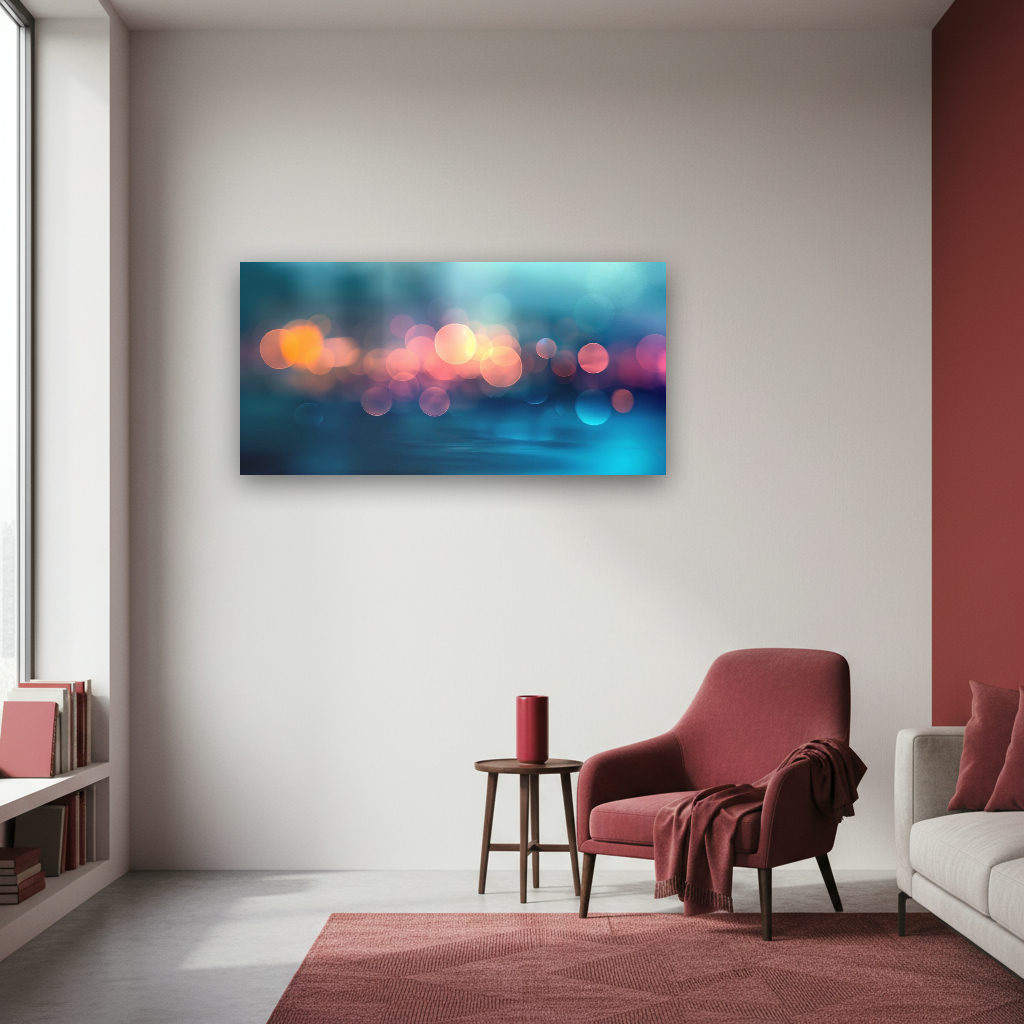 Abstraktes Panorama mit bunten, verschwommenen Lichtern als farbenfrohe Bokeh-Kreise im sanften Abendlicht