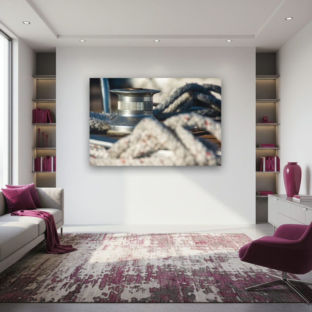Detailaufnahme einer Segelwinde und Tauwerk auf einem Schiff mit vielfältigen Farben, maritimer Stimmung und technischem Flair