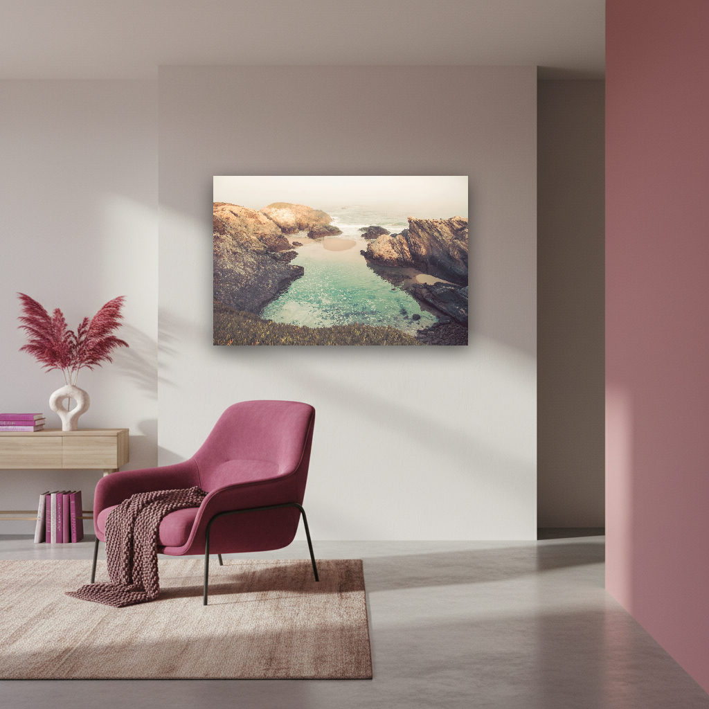 Felsige Atlantikküste mit rauer Brandung, steilen Klippen und vielfältigen Farben in nostalgischem Vintage-Stil fotografiert.