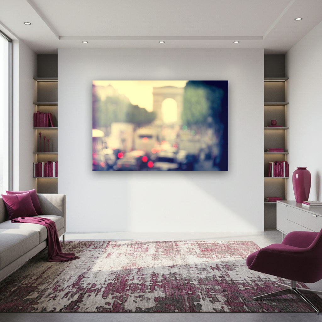 Das Wandbild zeigt den Arc de Triomphe in Paris aus urbaner Perspektive im Vintage-Stil, mit vielfältigen Farben und ruhiger, nostalgischer Stimmung.