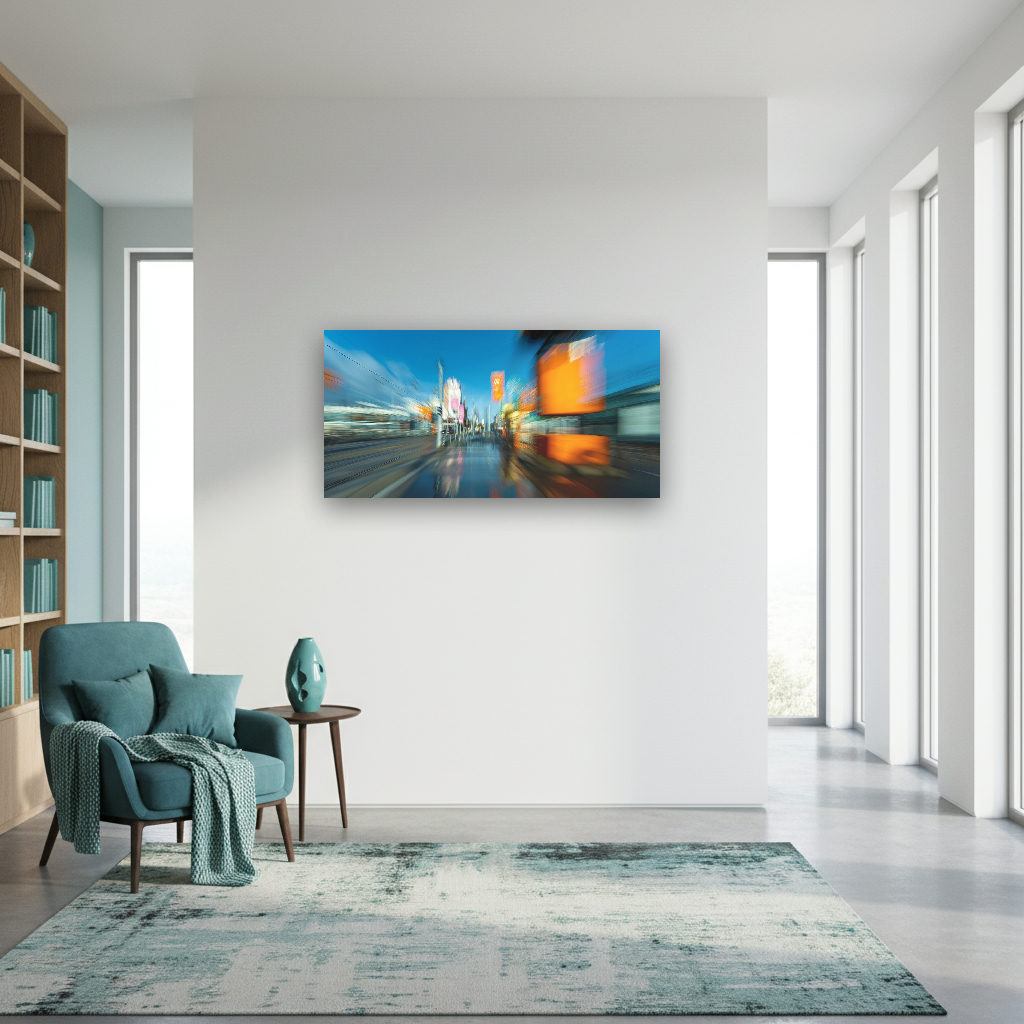 Moderne Fotografie einer urbanen Szene mit Menschen in Bewegung, vielfältigen Farben und abstrakter Bewegungsunschärfe im Panoramaformat.
