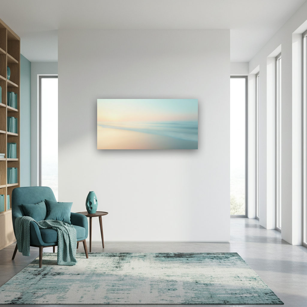 Panoramaaufnahme mit ruhigem Ozean, sanftem Himmel und feinem Sand in weichen Blautönen und goldenen Nuancen, minimalistisch gestaltet.