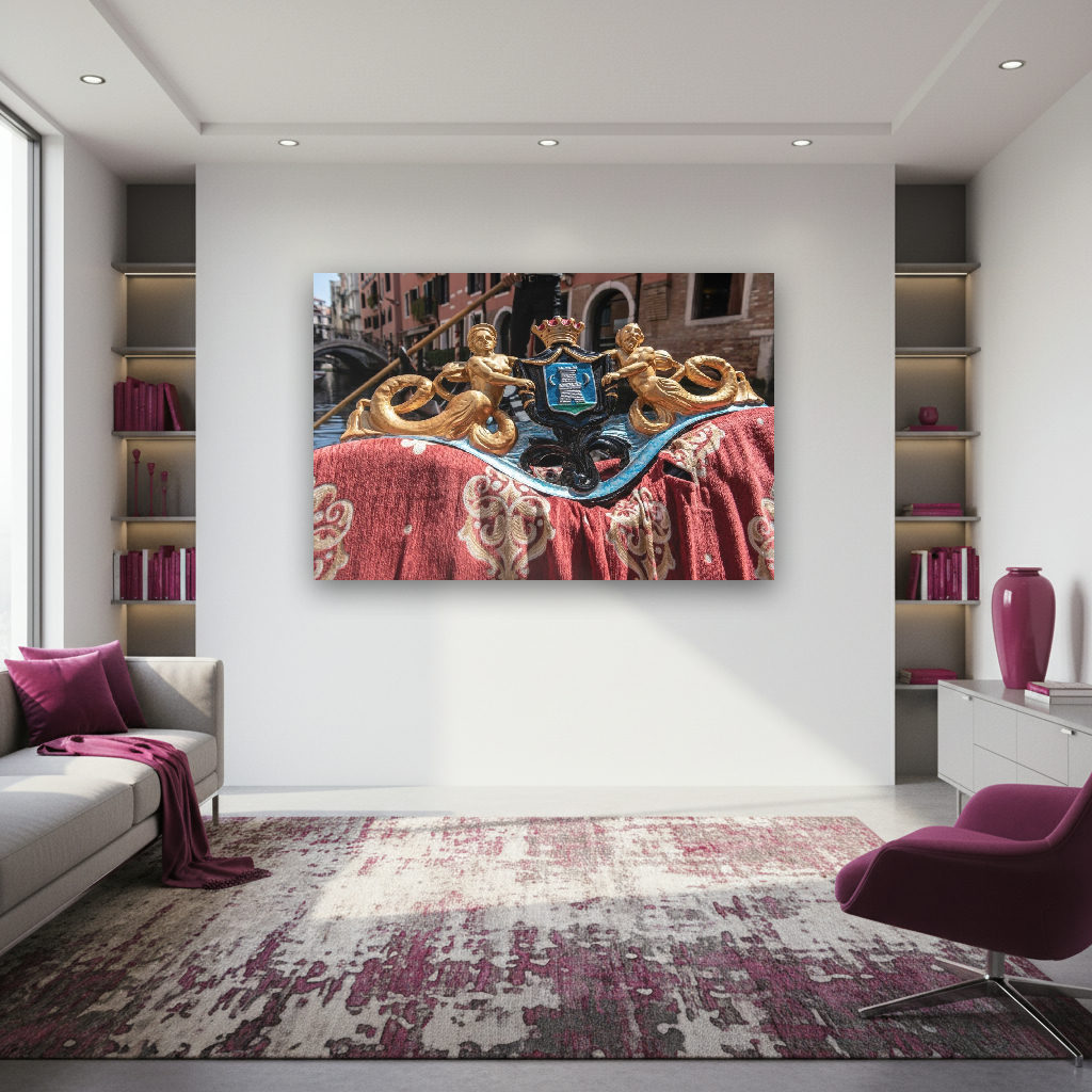 Detailaufnahme einer venezianischen Gondel mit glänzendem Holz, eleganten Kurven und historischen Elementen in vielfältigen Farben.