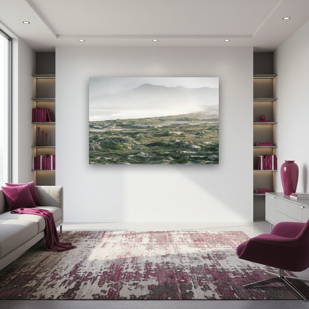 Sanftes Licht über Brasiliens Küstenlandschaft mit Felsen, Hügeln und weitem Himmel in vielfältigen Farben, minimalistisch fotografiert.