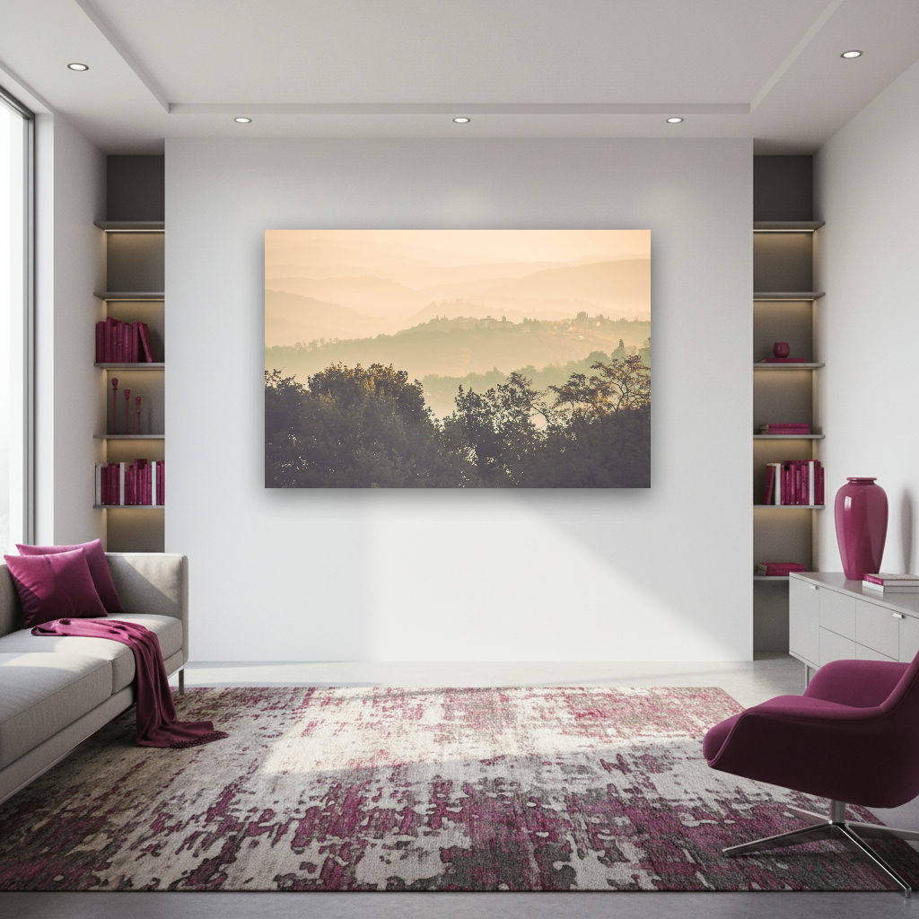 Sanft geschwungene Hügel der Toskana im warmen, gold-grünen Licht, Vintage-Stil, ruhige Landschaft mit weitem Blick.