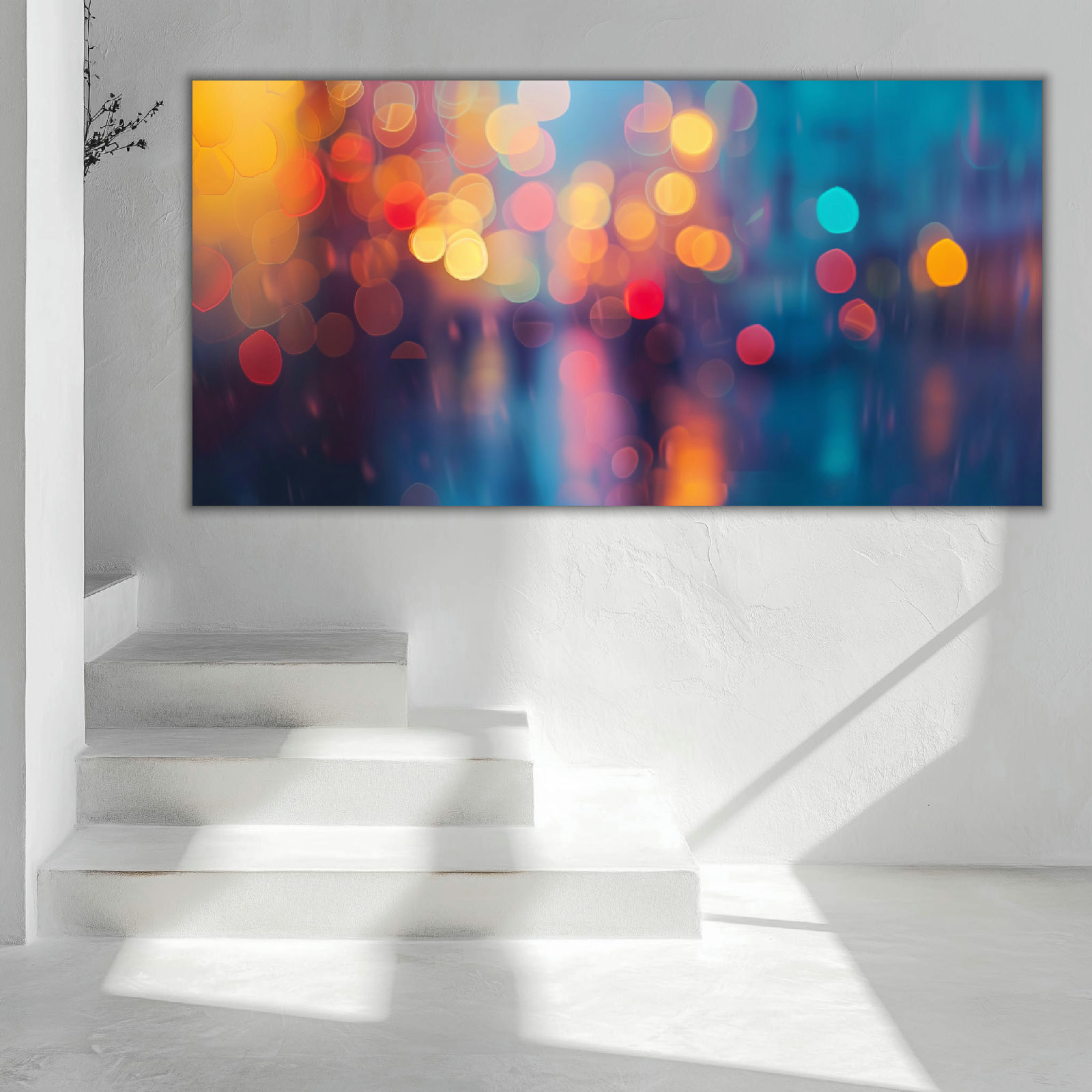 Bunte, leuchtende Stadtlichter spiegeln sich nachts auf nassen Straßen zwischen modernen Hochhäusern und urbaner Architektur.