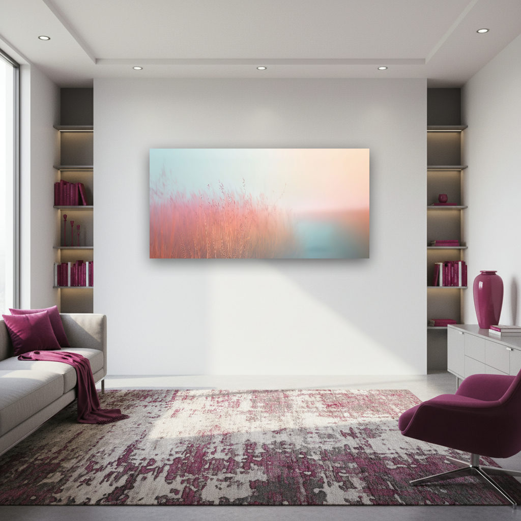 Filigranes, vielfältig gefärbtes Wiesengras leuchtet im sanften Morgenlicht als Panorama, minimalistisch und realistisch fotografiert.