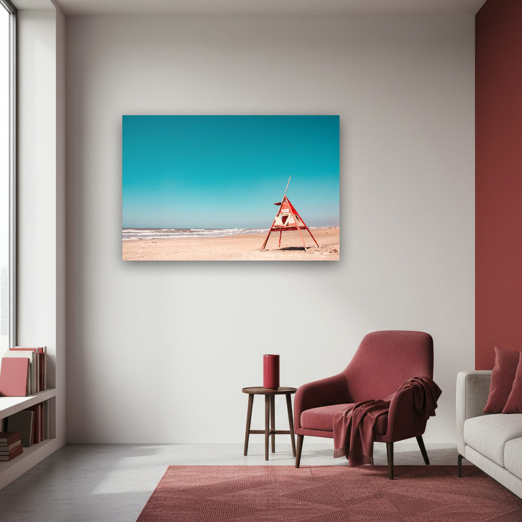 Ein moderner Rettungsturm steht am ruhigen, brasilianischen Sandstrand unter klarem Himmel. Minimalistische, vielfältige Farben.