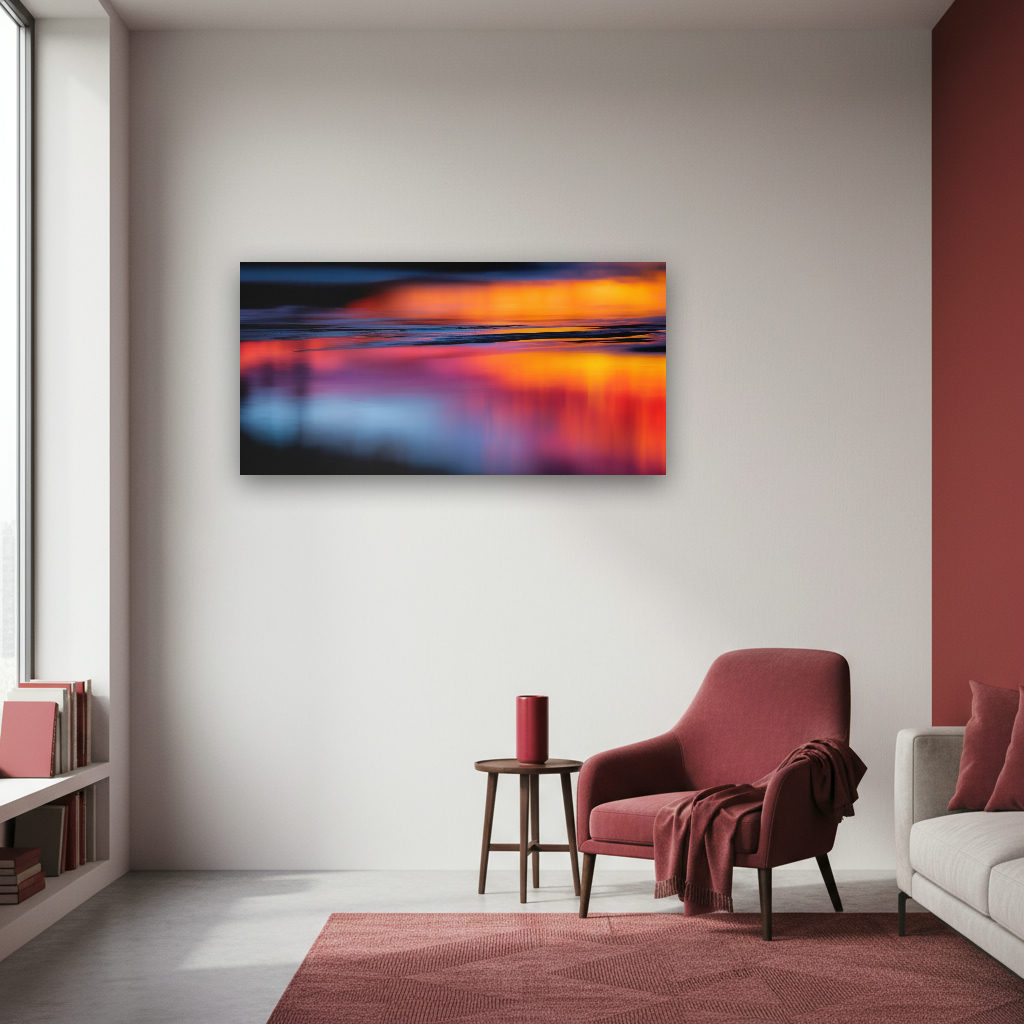 Abstraktes Panorama mit sanften Farbverläufen und Lichtreflexionen auf Wasser, kunstvoll und modern inszeniert, vielfältige Farben