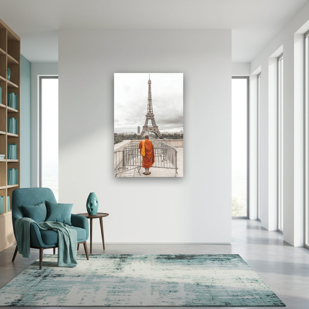 Ein Mönch in oranger Robe blickt von einer Terrasse auf den Eiffelturm in Paris.