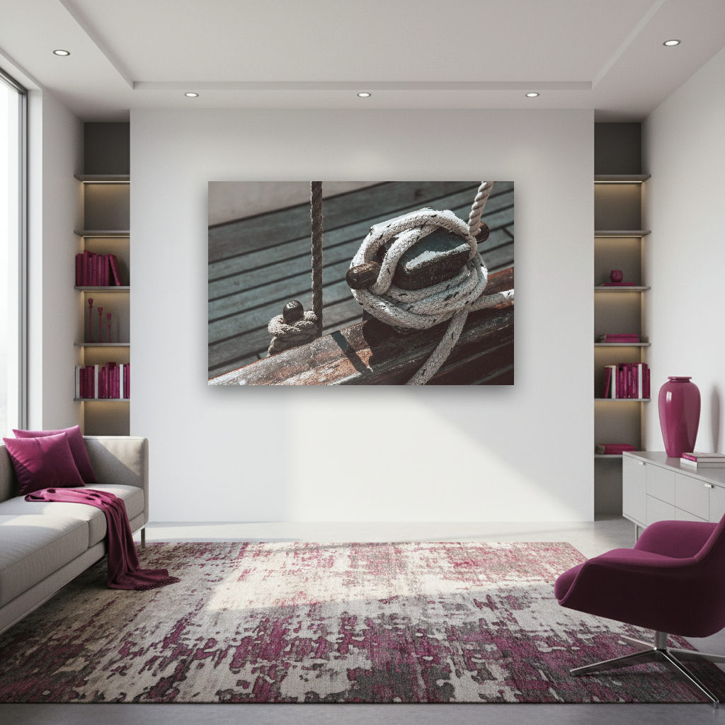 Dicht verknotetes, maritimes Tauwerk auf verwittertem Holzdeck, detailreich fotografiert in Stralsund bei rauer Seeluft