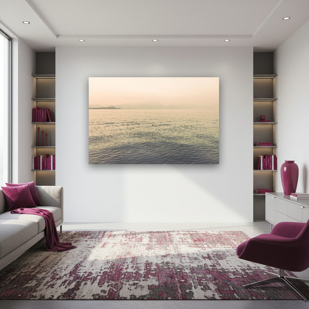 Minimalistisches maritimes Wandbild mit sanften, vielfältigen Farben, das eine ruhige Küstenlandschaft und entspannte Atmosphäre zeigt