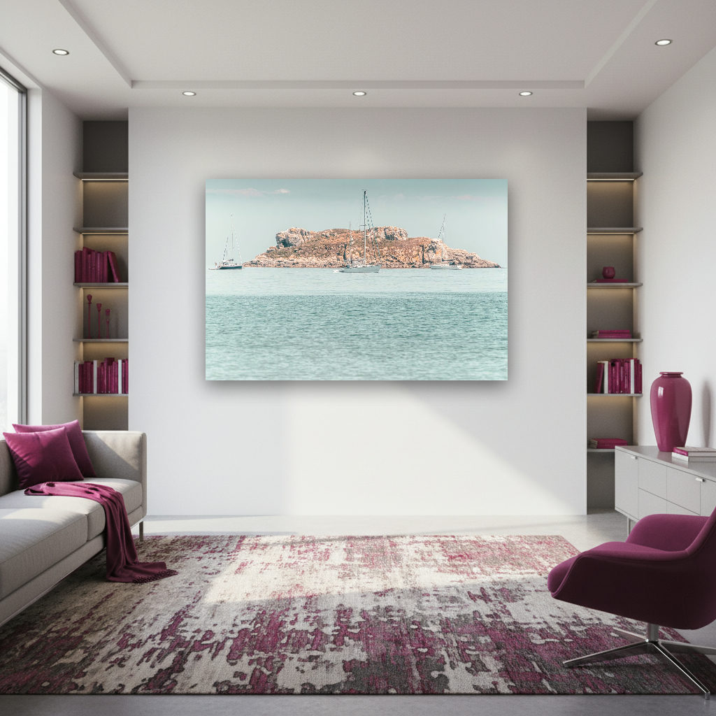 Zwei Segelboote gleiten auf ruhigem Wasser vor einer großen Felsinsel, stimmungsvolles maritimes Fotokunst-Wandbild