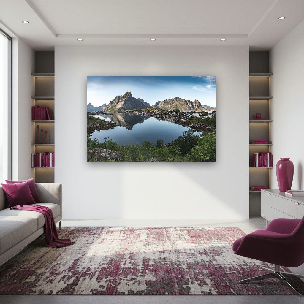 Panoramaaufnahme der Lofoten mit sanften Bergen, dramatischer Küstenlinie und tiefblauem Wasser unter klarem Himmel