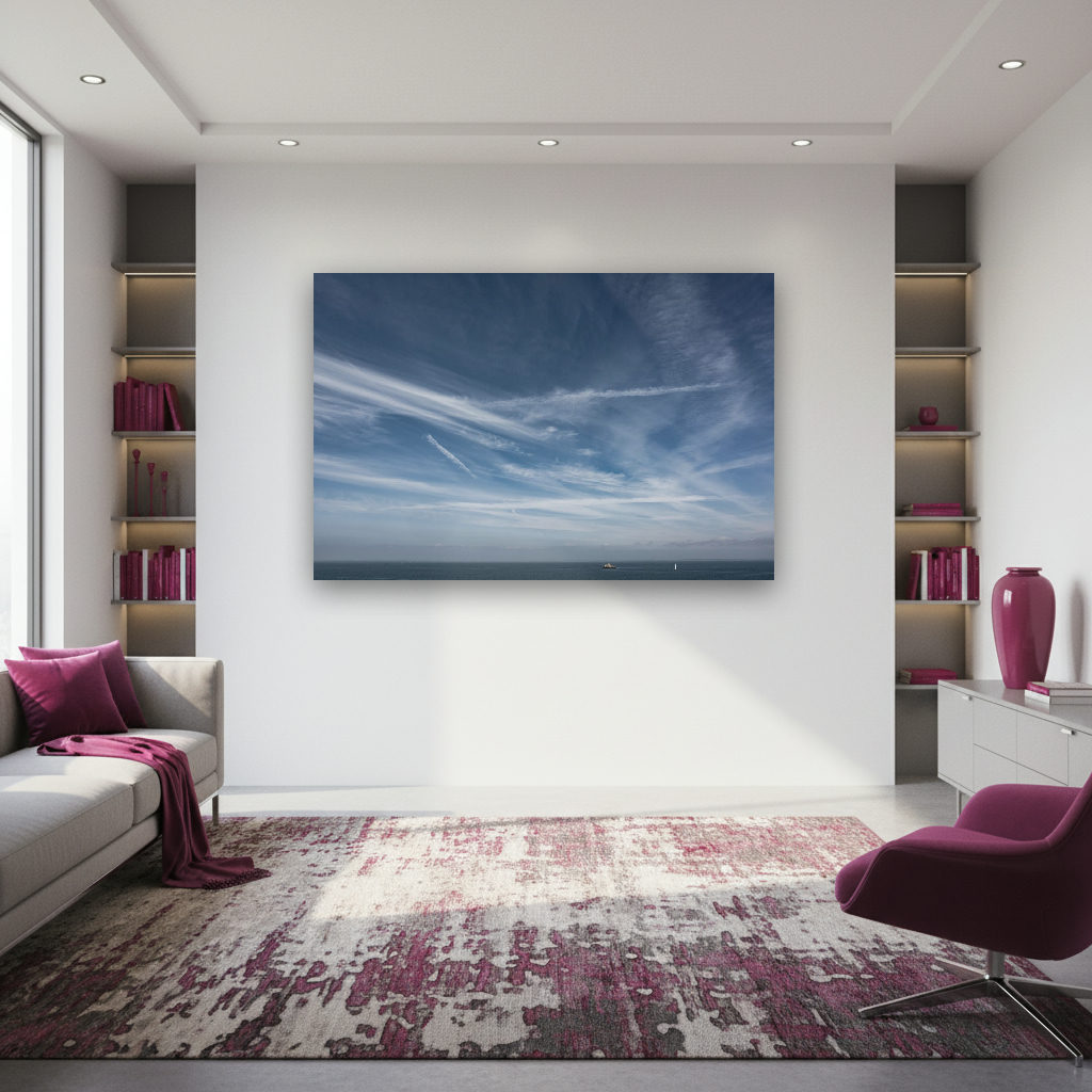 Stiller, spiegelglatter See mit vielfältigen Wolken am Himmel in minimalistischer, ruhiger Naturstimmung