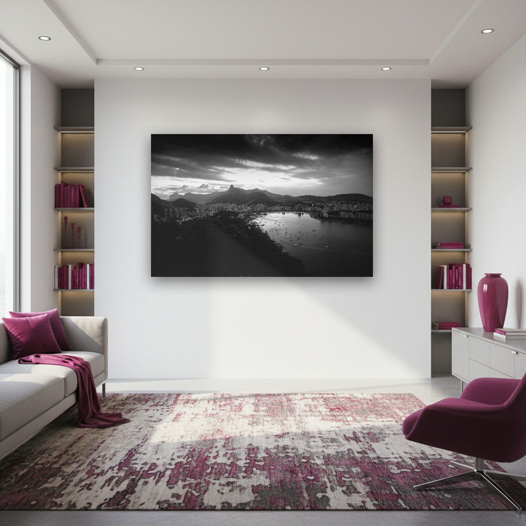 Schwarzweiß-Fotografie der Skyline von Rio de Janeiro mit markanter Silhouette im sanften Morgenlicht, urbanes Panorama mit ruhiger Atmosphäre.