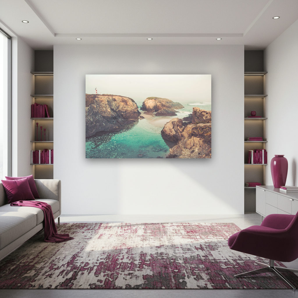 Sanfte Wellen und weiter Horizont an der Atlantikküste Portugals, realistisches maritimes Landschaftsbild in ruhigen, vielfältigen Farben.