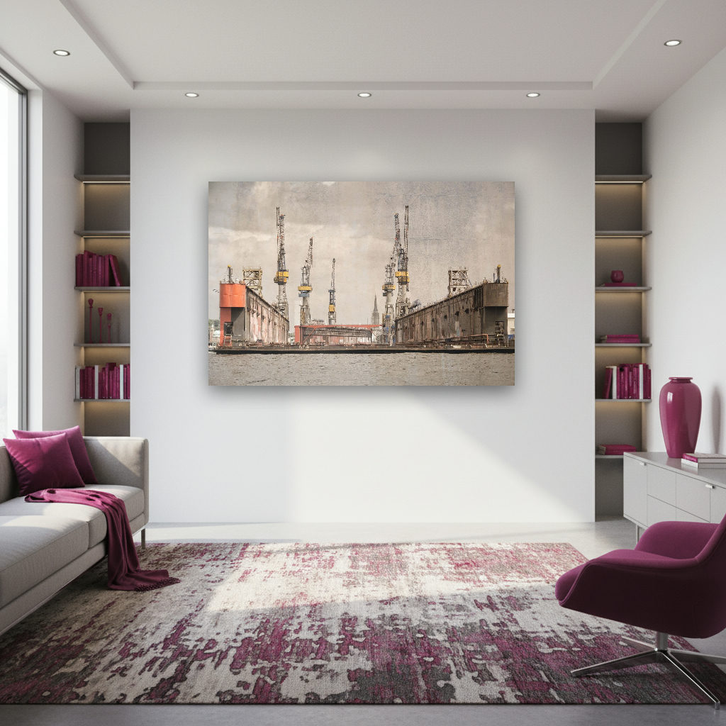 Mehrere große Werftkräne im Hamburger Hafen, eingerahmt von Hafenstrukturen und vielfältigen urbanen Details, dokumentarisch fotografiert.