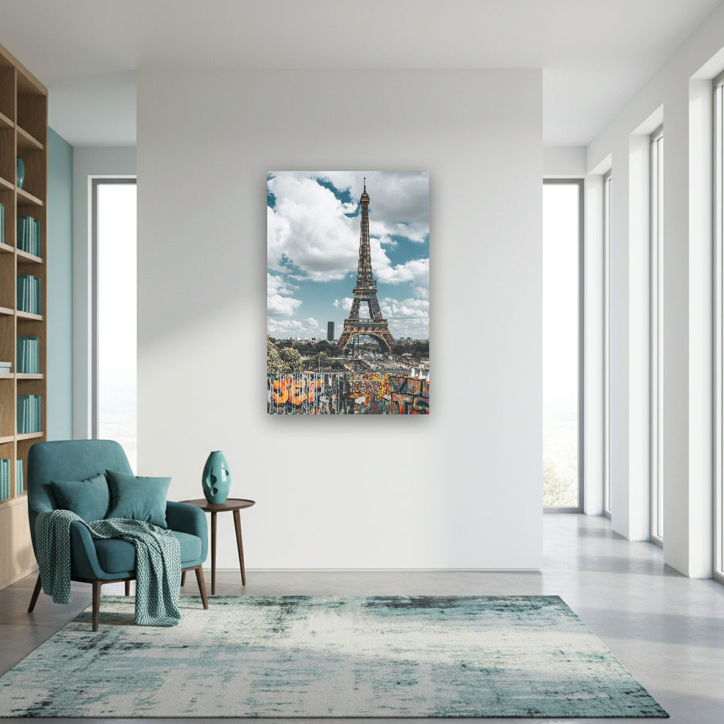 Der Eiffelturm in Paris, modern und kontrastreich fotografiert, in urbaner Kulisse mit klaren Linien und vielfältigen Farben.